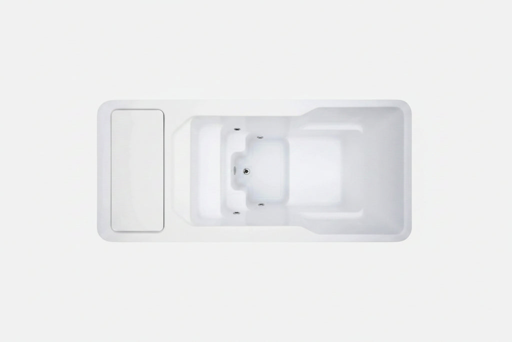 White hot and cold plunge with a control panel on a light gray background.
