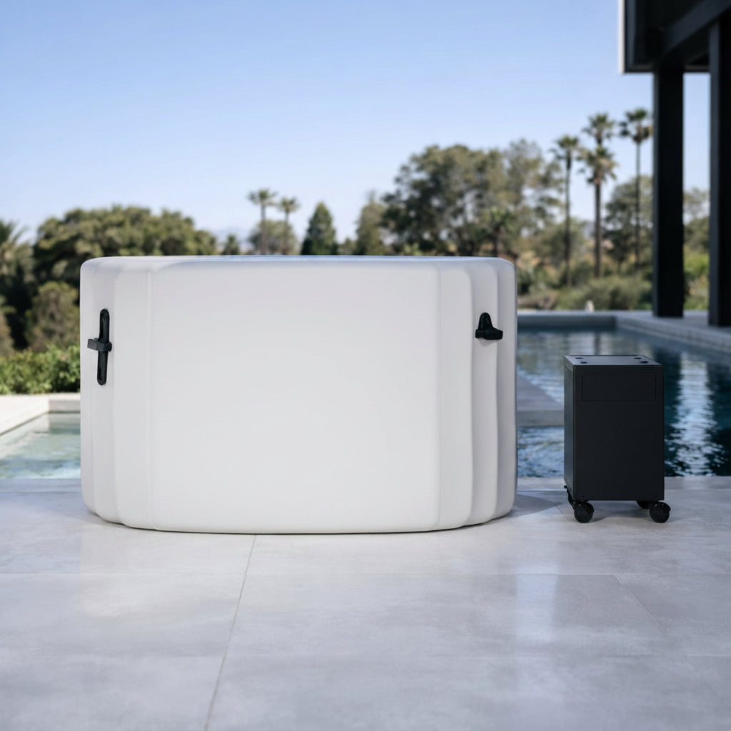 Inflatable wellness system and power station by a poolside.