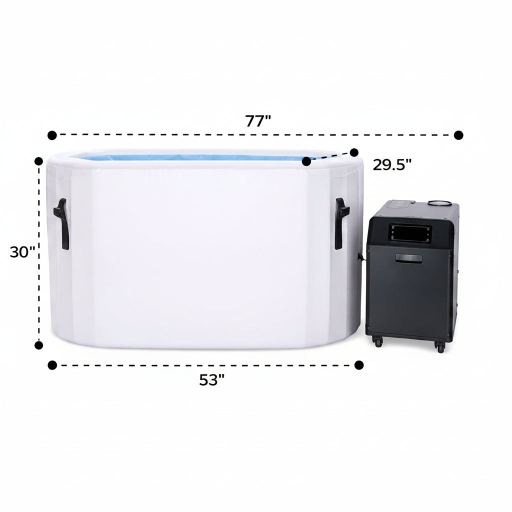 Inflatable hot tub and power station with dimensions on a white background.