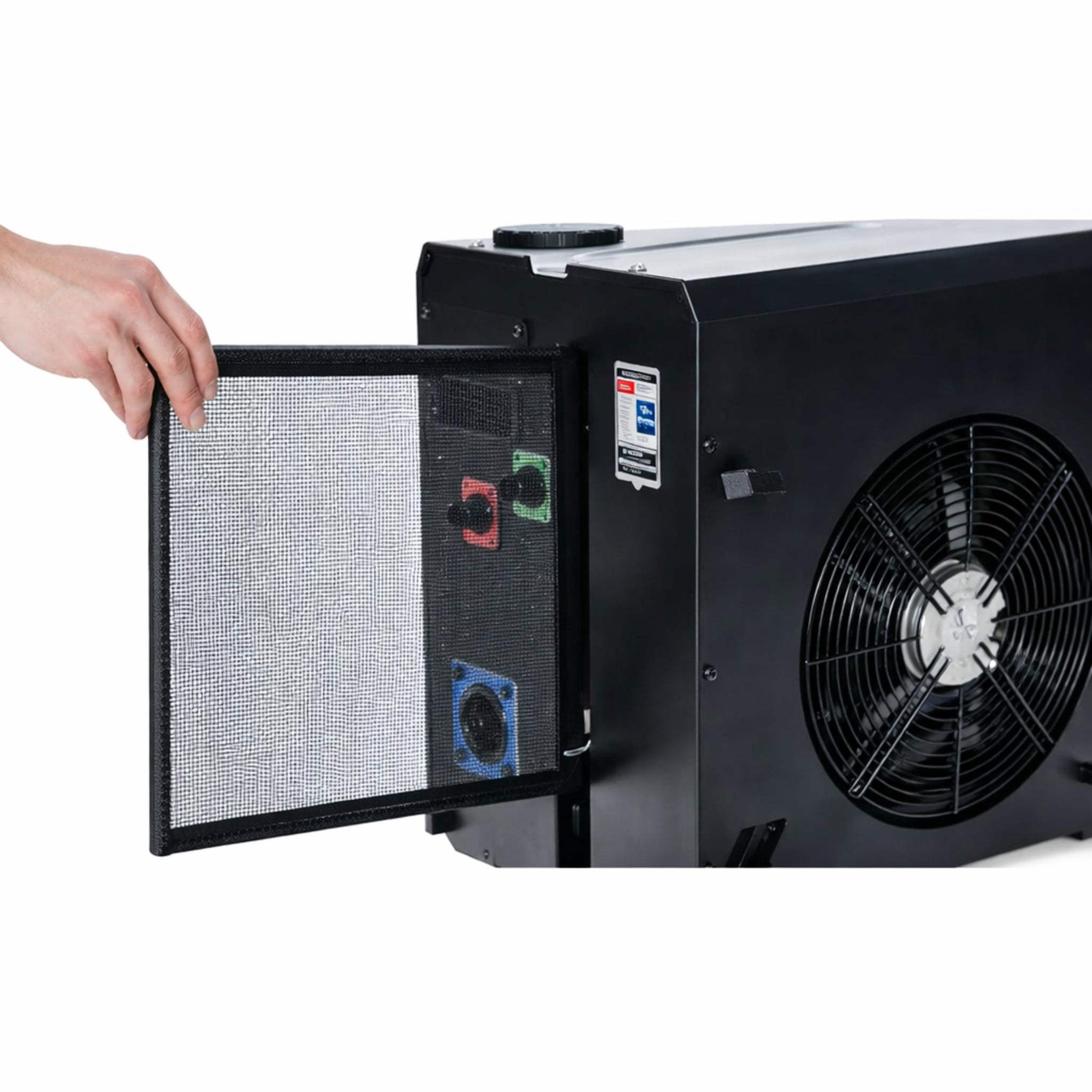 Hand opening the cover of a black power unit revealing a filter.