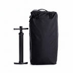 Black inflatable pump and storage bag on a white background.