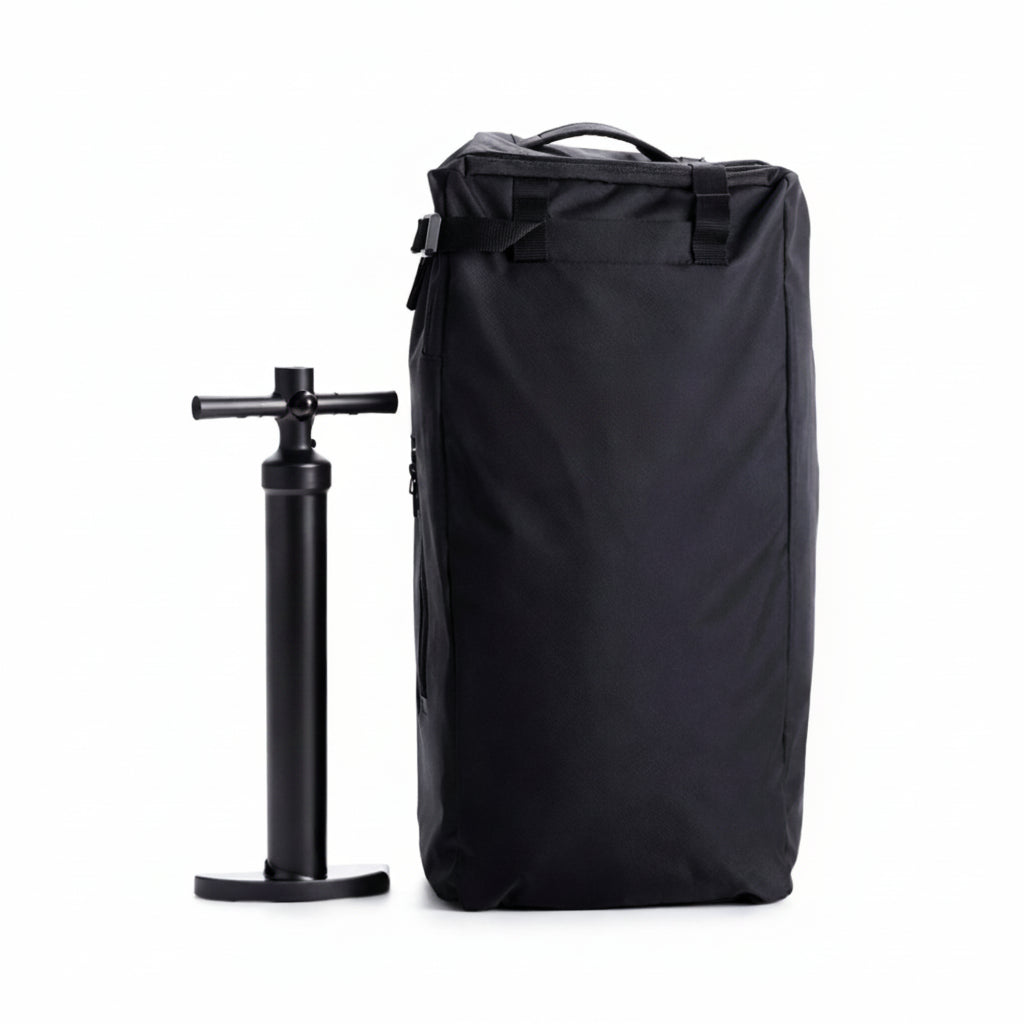 Black inflatable pump and storage bag on a white background.