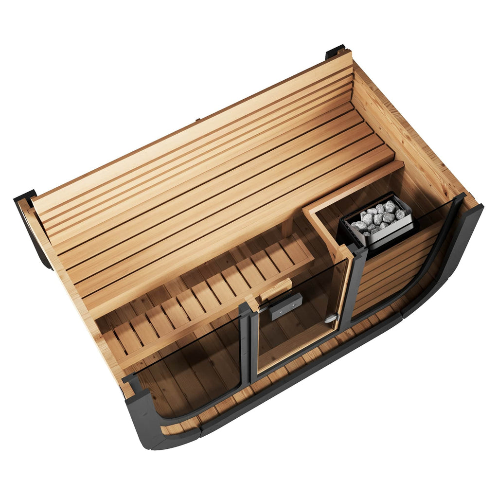 An aerial view of a 3-person luxury cube outdoor sauna.