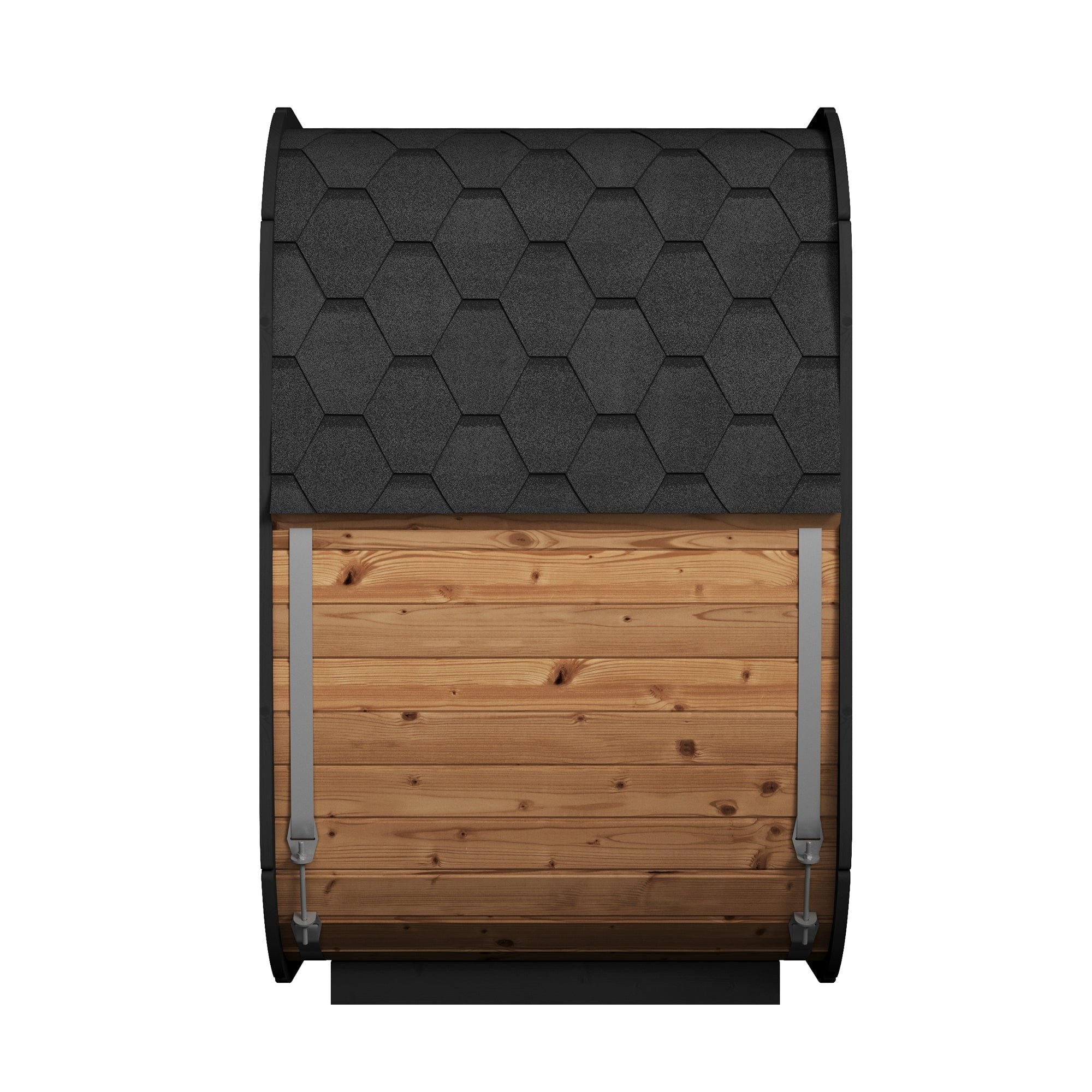 A full side view of a 3-person luxury cube outdoor sauna.