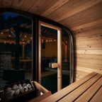 An interior view of a 3-person luxury cube outdoor sauna.