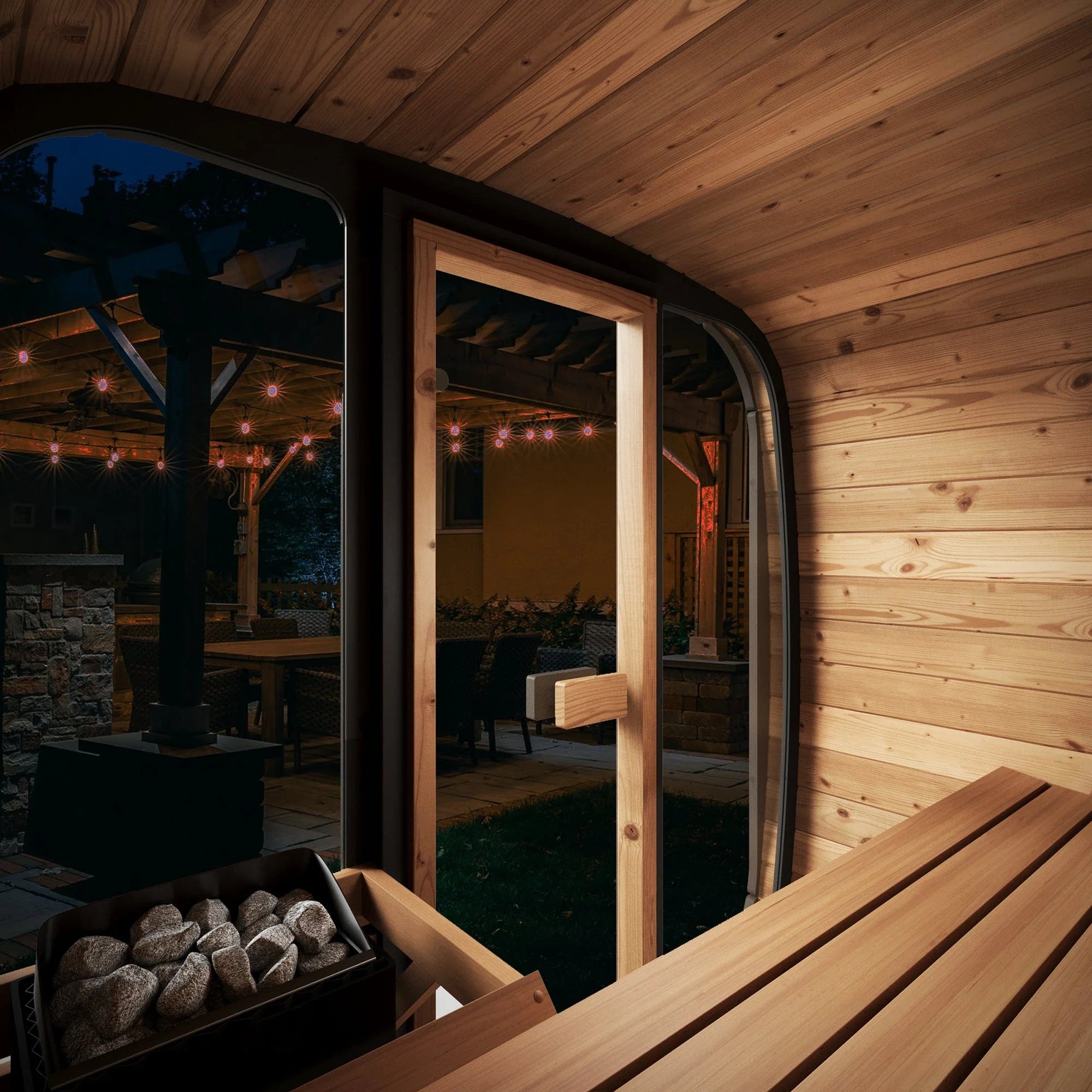 An interior view of a 3-person luxury cube outdoor sauna.