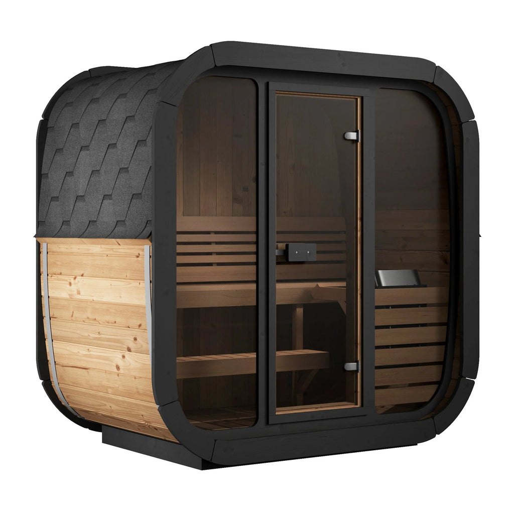 A side view of a 3-person luxury cube outdoor sauna.
