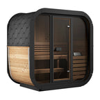A side view of a 3-person luxury cube outdoor sauna.
