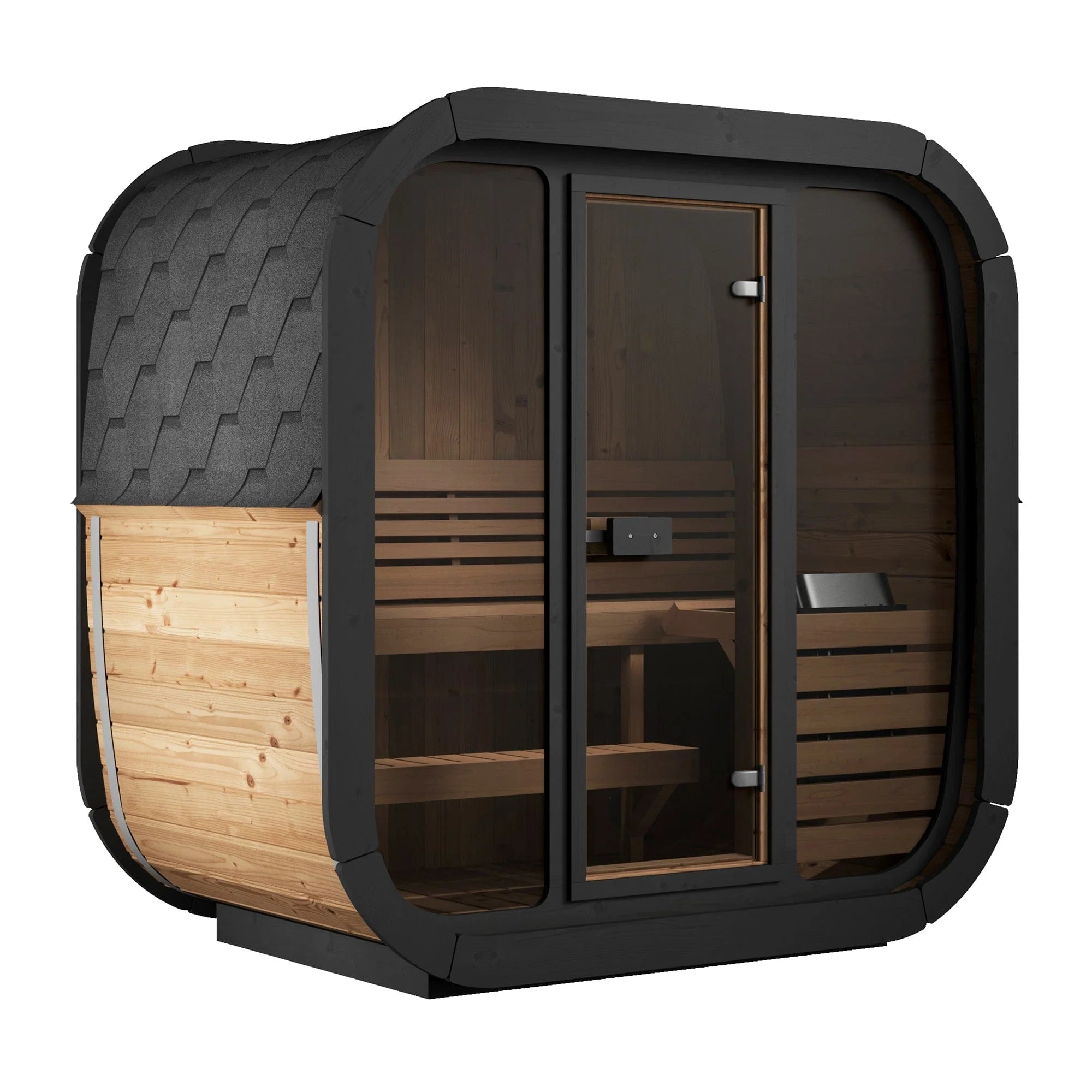 A side view of a 3-person luxury cube outdoor sauna.