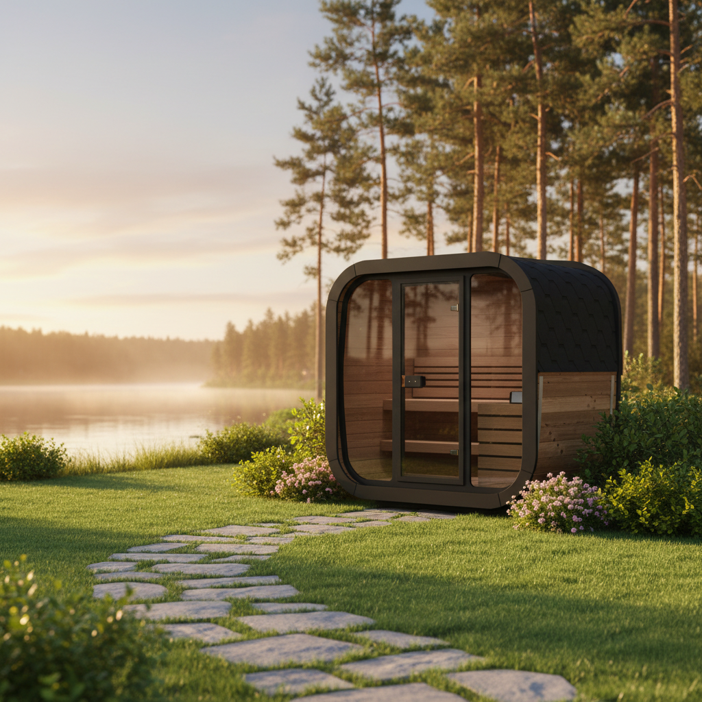 An outdoor sauna by a lake with a stone path leading to it.