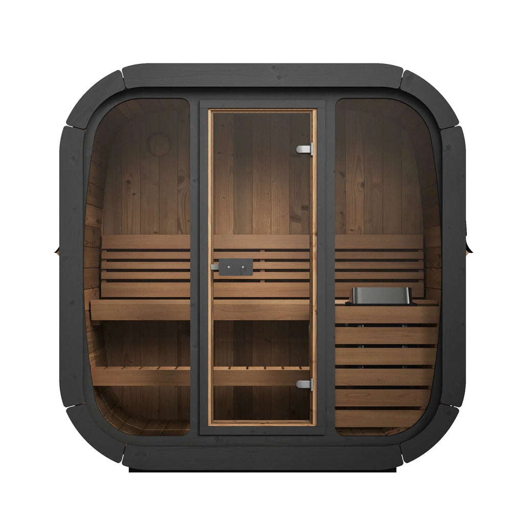 A 3-person luxury cube outdoor sauna.