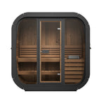 A 3-person luxury cube outdoor sauna.