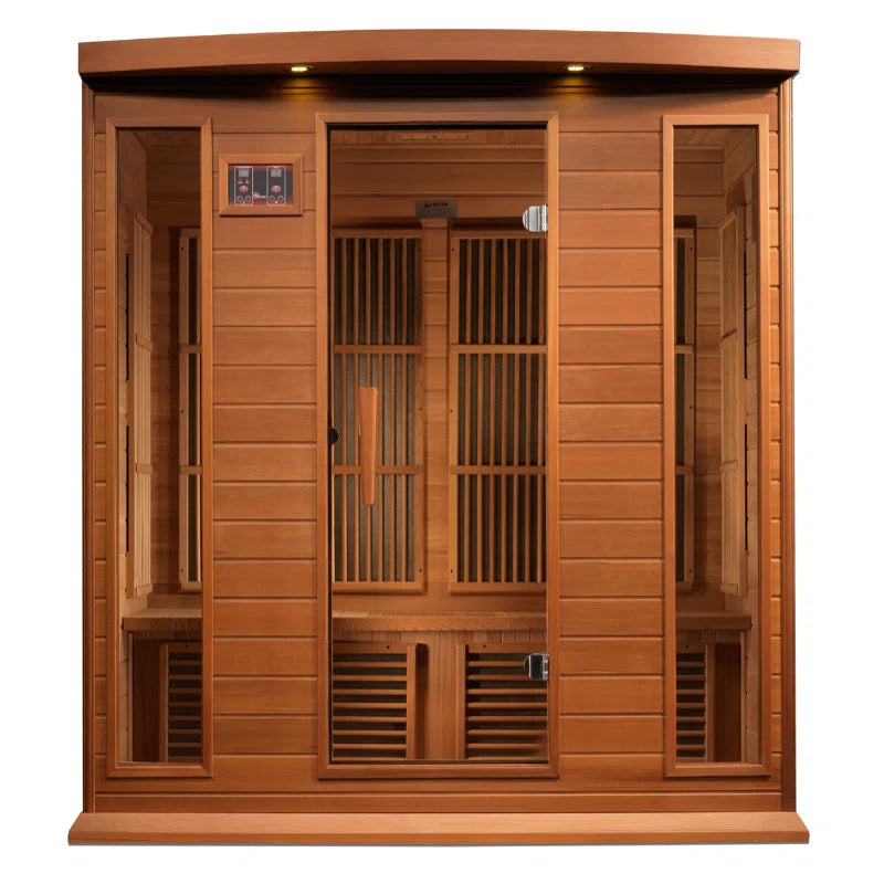 Wooden sauna in cedar with glass panels on a white background.