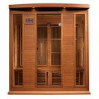 Wooden sauna in cedar with glass panels on a white background.