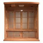 Wooden sauna interior with glass panels on a white background.