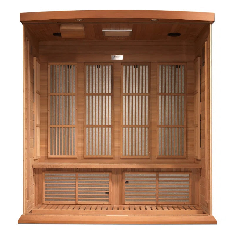Wooden sauna interior with glass panels on a white background.