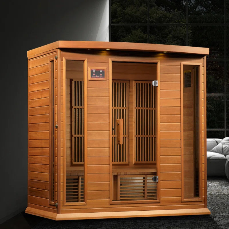 Wooden sauna in living room with a dark background.