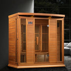 Wooden sauna in living room with a dark background.