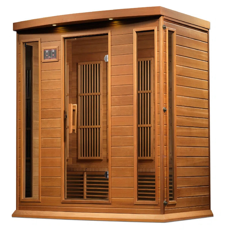 Wooden sauna in cedar with a white background.