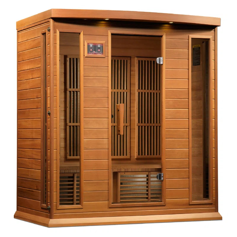 Wooden sauna in cedar with glass doors on a white background.