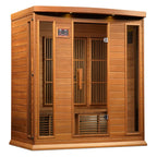 Wooden sauna in cedar with glass doors on a white background.