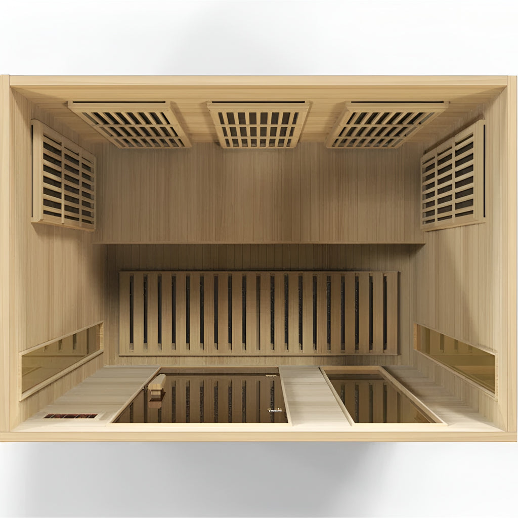 Wooden sauna interior with benches and vents on a white background.