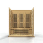 Wooden sauna with open doors on a white background.
