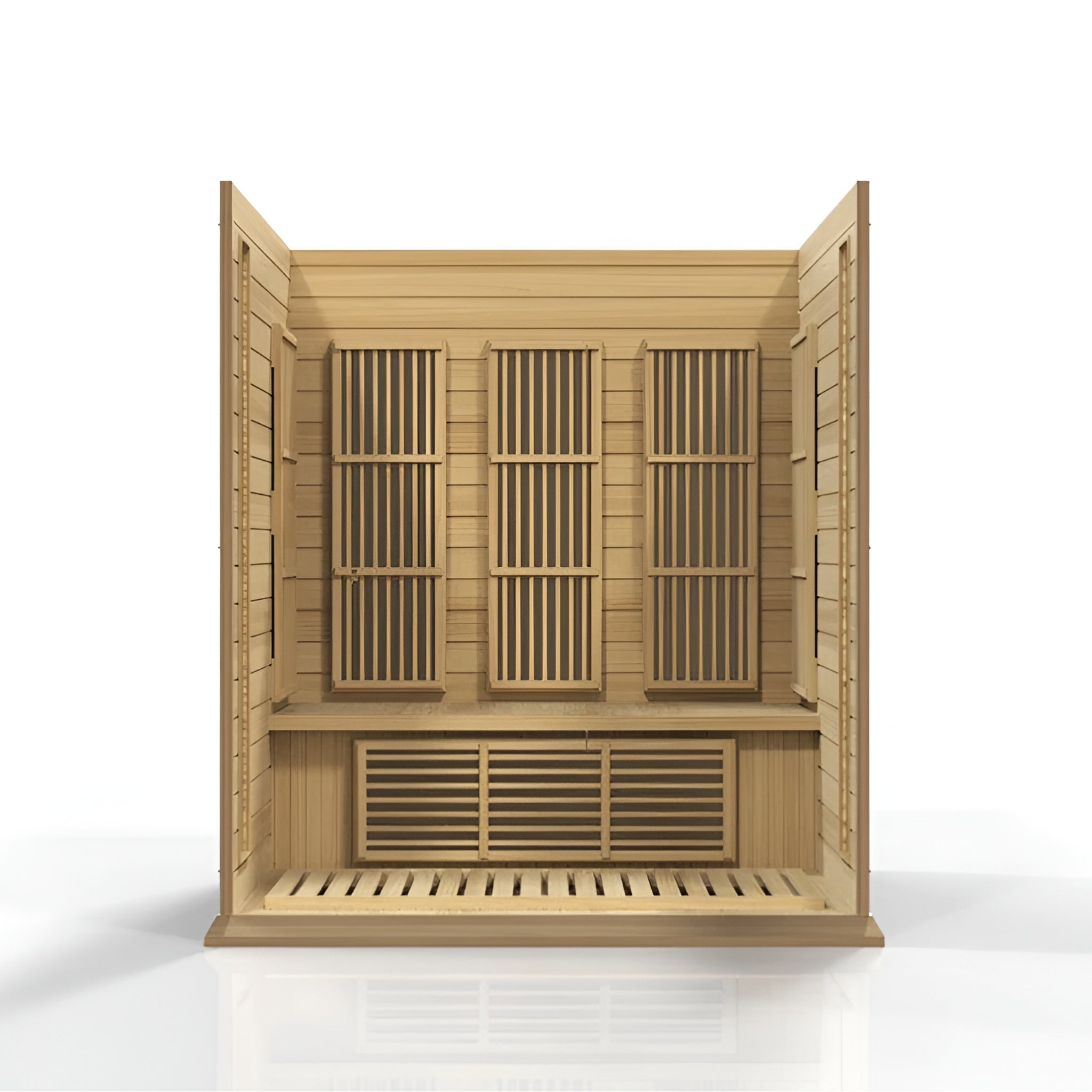 Wooden sauna with open doors on a white background.
