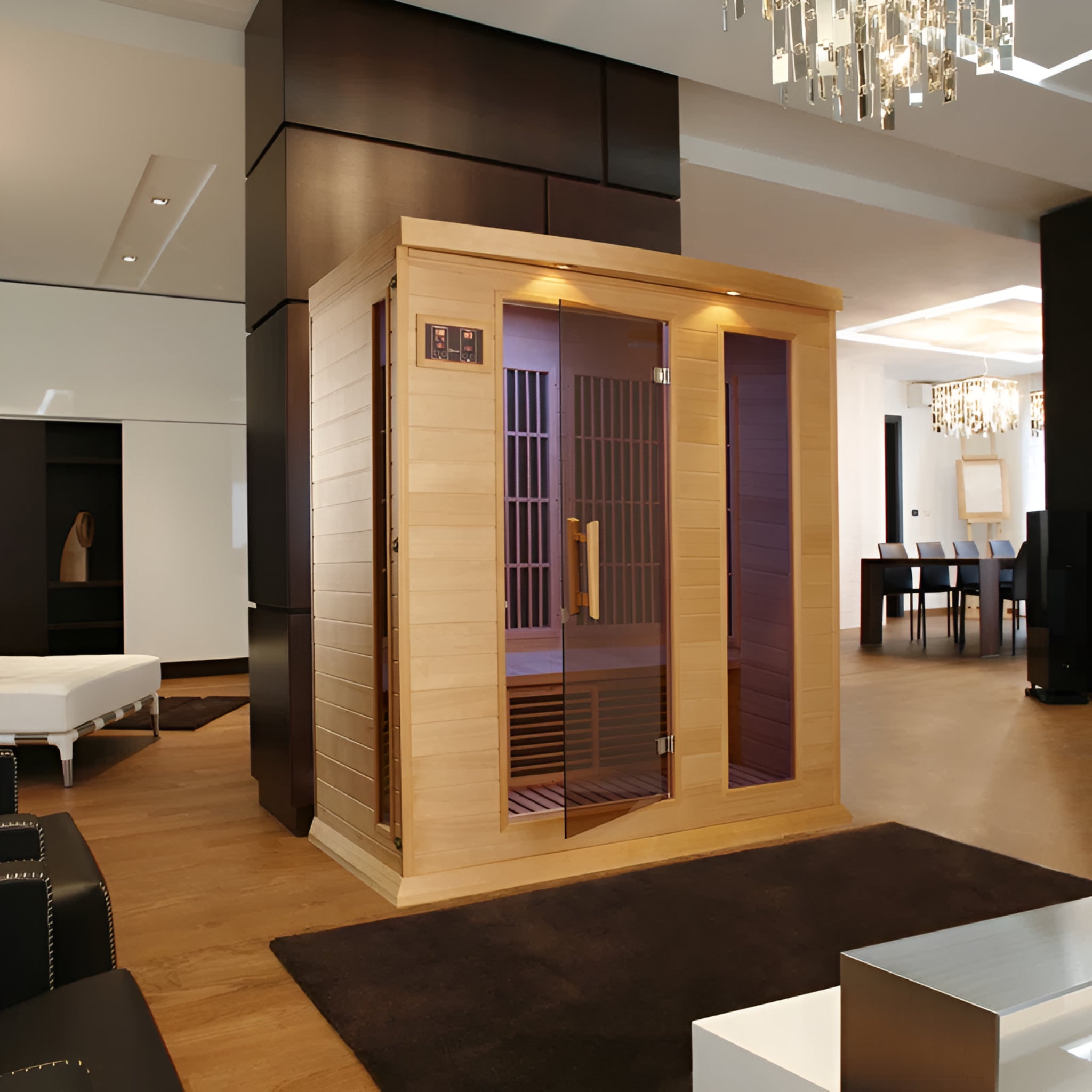 Wooden sauna in a modern living room setting with furniture and decor.