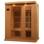 Wooden sauna with glass doors on a white background.