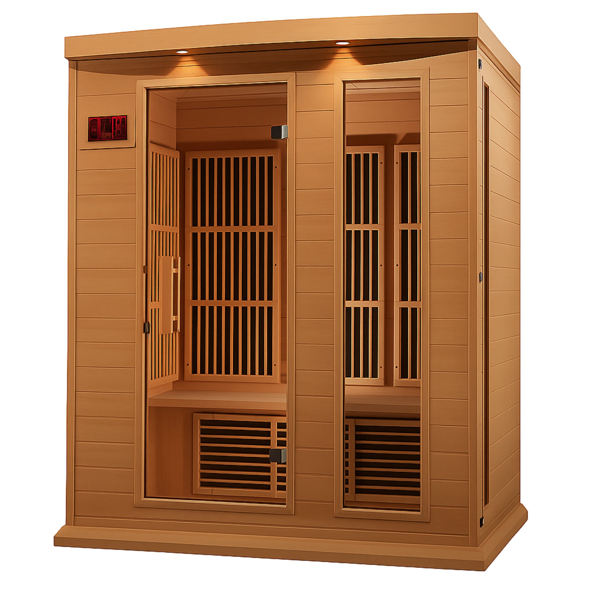 Wooden sauna with glass doors on a white background.