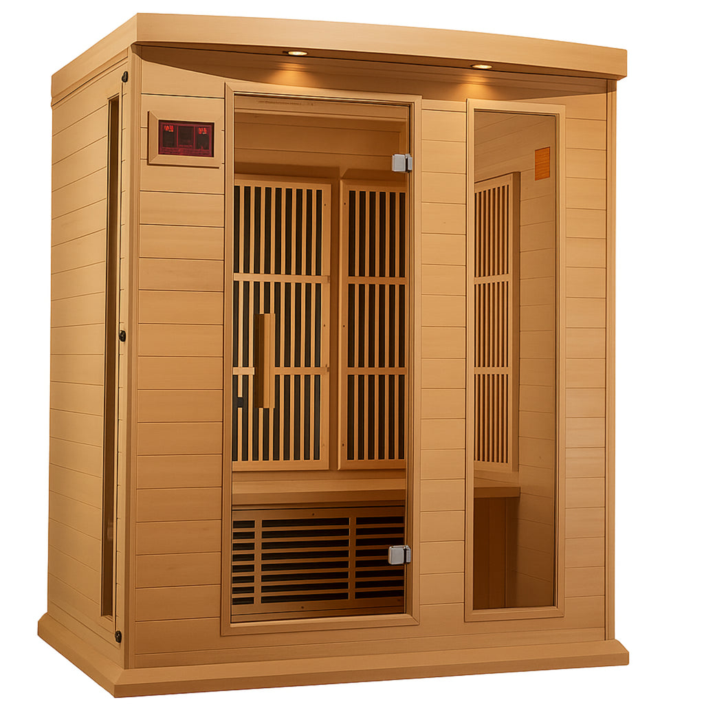 Wooden sauna with glass doors on a white background.