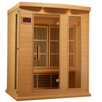 Wooden sauna with glass doors on a white background.