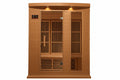Wooden infrared sauna with closed door on a white background.