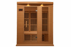Wooden infrared sauna with closed door on a white background.