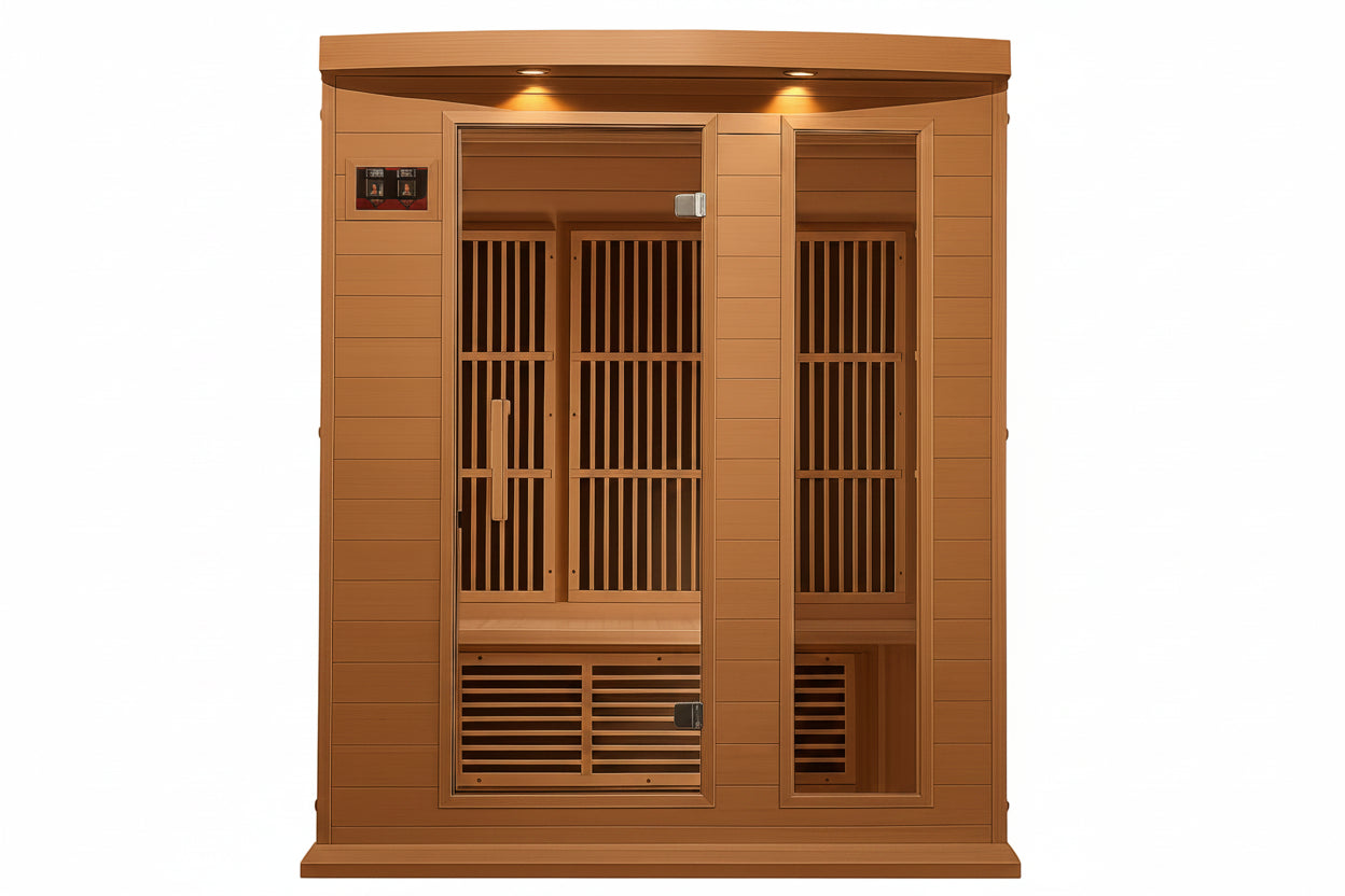Wooden infrared sauna with closed door on a white background.