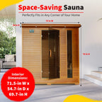Space-saving sauna with dimensions displayed on a white background.