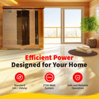 Wooden sauna with efficient power system features displayed on a yellow background.