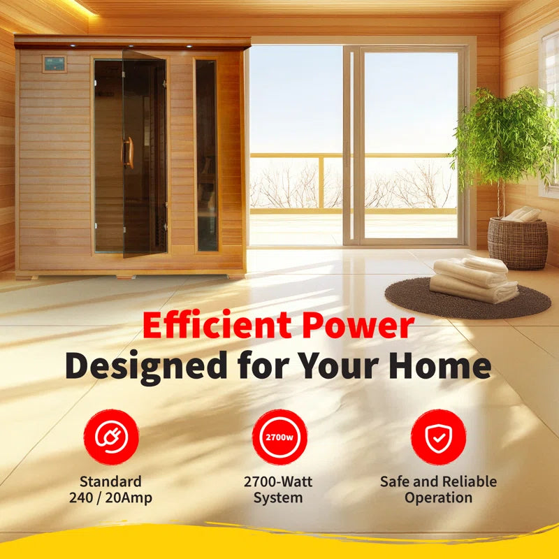 Wooden sauna with efficient power system features displayed on a yellow background.
