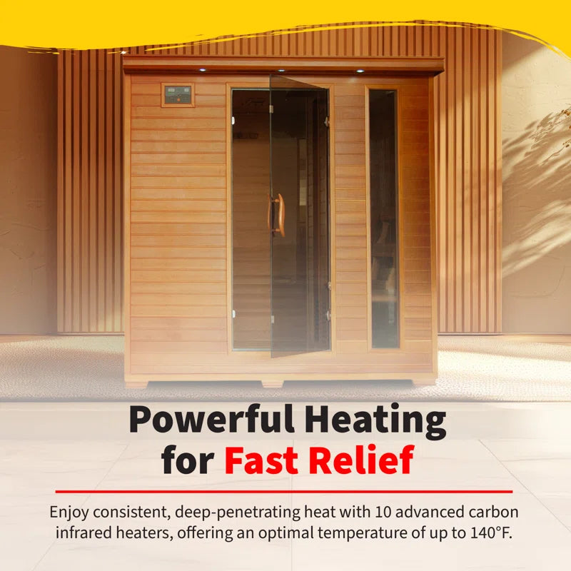 Wooden sauna with text about powerful heating for fast relief.