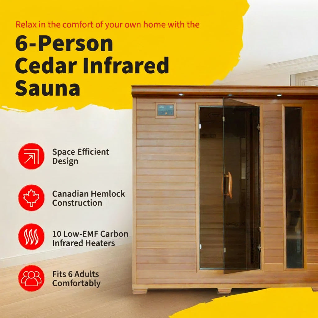 Advertisement for a 6-Person Cedar Infrared Sauna with features listed.