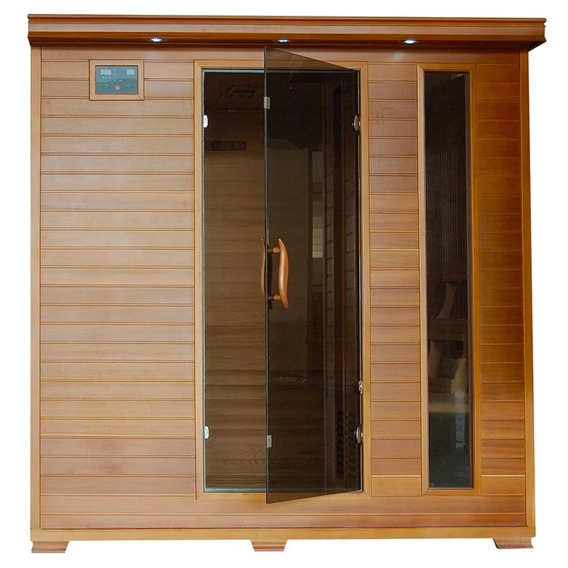 Wooden sauna with glass door on a white background.