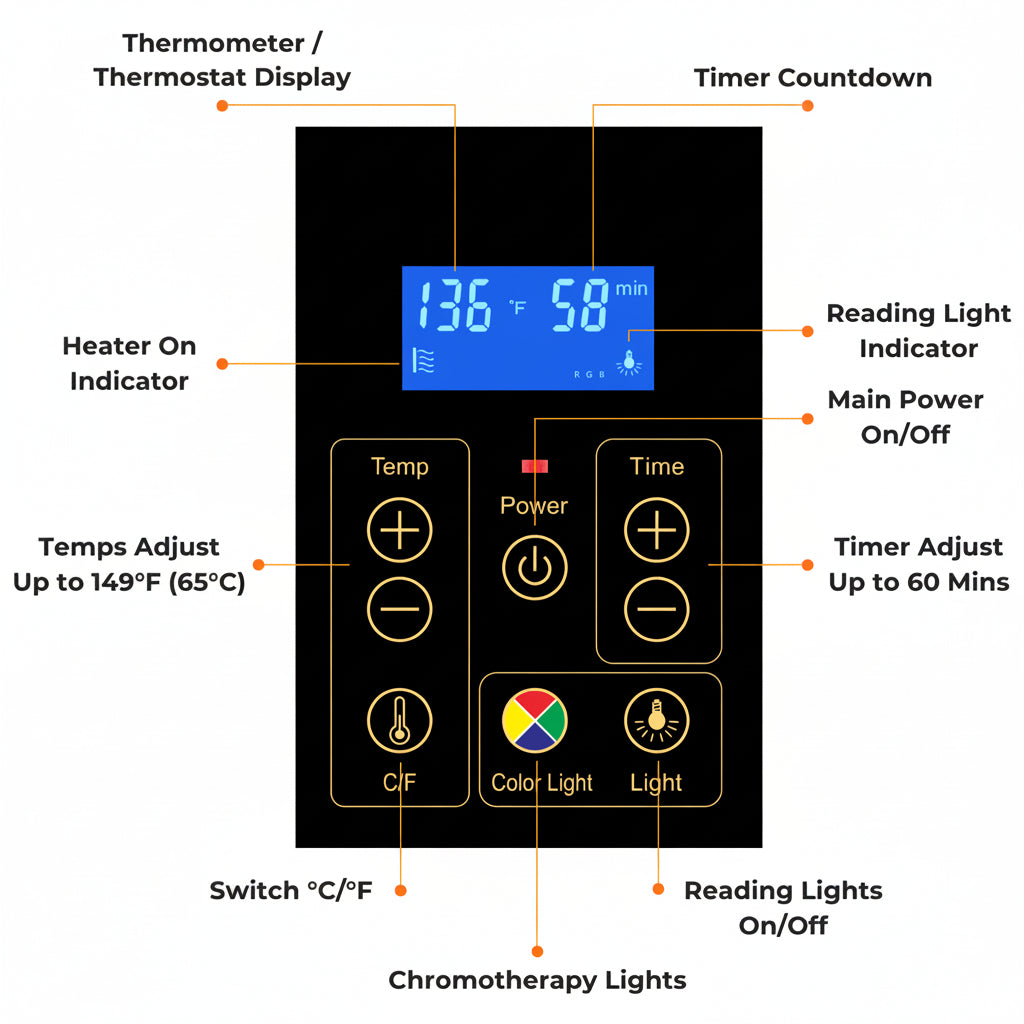 Control panel for infrared sauna with labeled features on a white background.