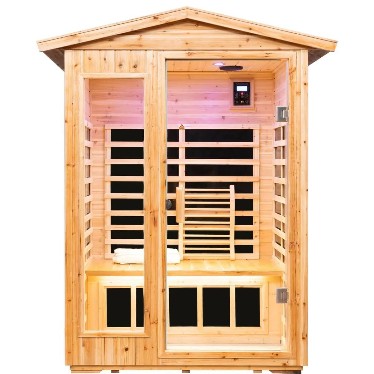 Wooden infrared sauna with a white towel on a white background.