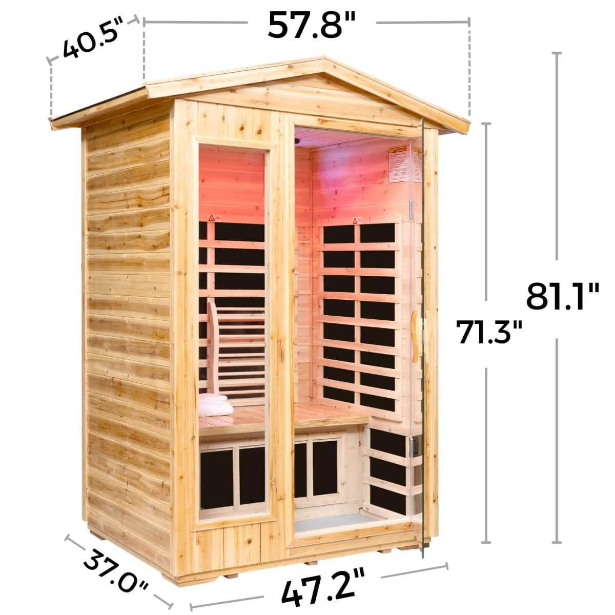 Wooden sauna with dimensions labeled on a white background.