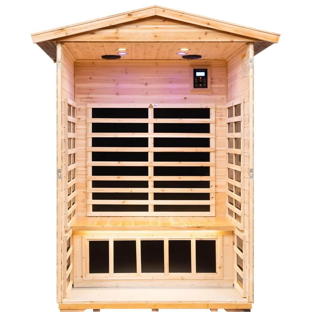 Wooden sauna with grid design on a white background.