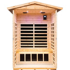 Wooden sauna with grid design on a white background.