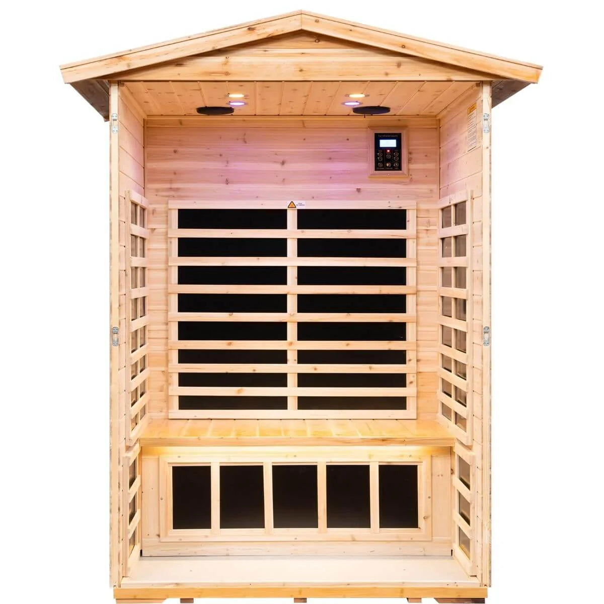 Wooden sauna with grid design on a white background.