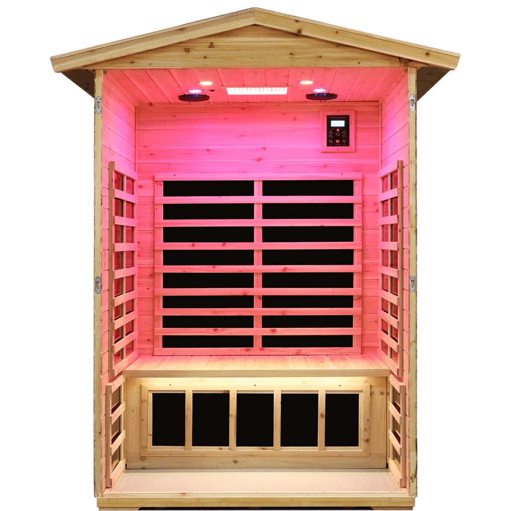 Wooden sauna with pink interior lighting on a white background.