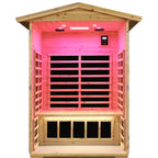 Wooden sauna with pink interior lighting on a white background.